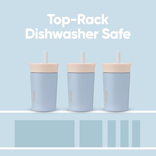 Owala Kids Insulation Stainless Steel Tumbler with Spill Resistant Flexible Straw, Easy to Clean, Kids Water Bottle, Great for Travel, Dishwasher Safe, 12 Oz, Tan and Blue (Seas the Day)
