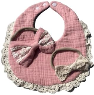 Baby Girl Gift Set, Muslin BoHo Bib with Lace and Matching Bows, Absorbent Cotton Adjustable Bib for Newborn Infant Toddler