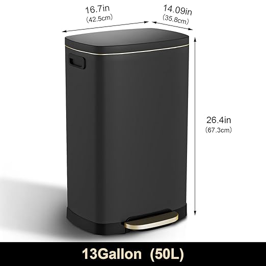 ELPHECO Kitchen Trash Can with Lid Soft Close, 13 Gallon / 50L Stainless Steel Pedal Garbage Can, Heavy-Duty Fingerprint Proof Step Wastebasket with 20 Bags, Removable Bucket, Home Office, Matte Black