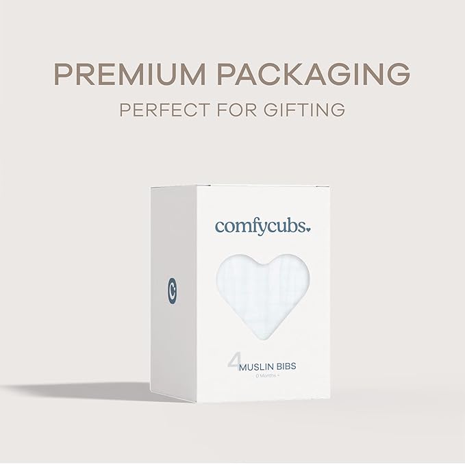 Comfy Cubs Muslin Bibs for Babies, Pack of 4 - Soft and Highly Absorbent, Feeding, Drool and Teething Bib, Adjustable Snaps - Stylish & Colorful Unisex Designs, Giftable Set - White