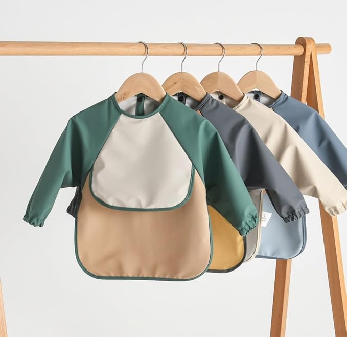 GZMM Waterproof Baby Bibs,Infant Toddler Long Sleeve Feeding Bib With Food Catcher,Wipe Clean & Washable