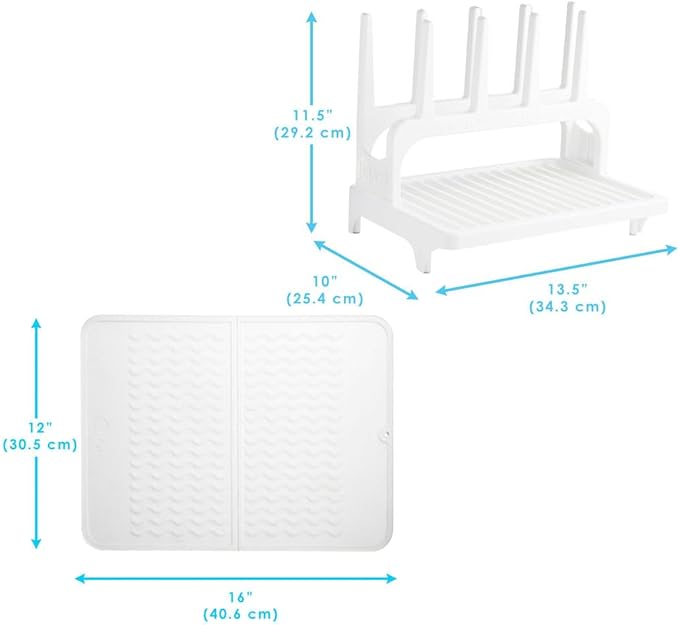 PopYum Glacier White Space Saving Drying Rack from 100% Recycled Bottles with Clear Frosted Silicone Drying Mat, countertop for Baby Bottles, Plastic Bags, Cups, Glass, tumblers, Compact