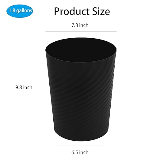 UUJOLY Plastic Small Trash Can Wastebasket, Garbage Container Basket for Bathrooms, Laundry Room, Kitchens, Offices, Kids Rooms, Dorms, (Black, 1.8 Gallon/2 Pack)