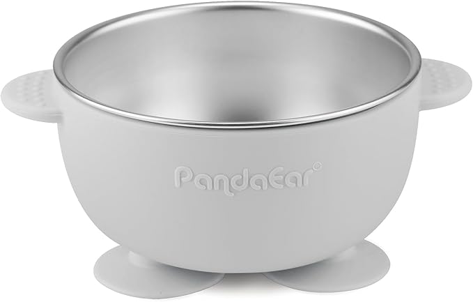 PandaEar 3 Pack Stainless Steel Suction Baby Bowls & 3 Baby Feeding Spoons | Non-Slip Stay Put Bowls & Soft Silicone First Stage Spoons for Toddlers, BPA-Free Baby Led Weaning Set (Linen Brown Grey)