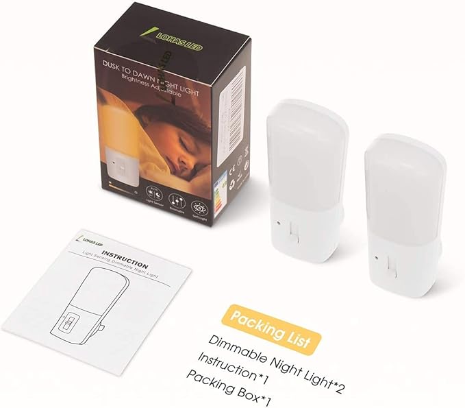 LOHAS Plug in Night Light, Dimmable LED Night Lights With Dusk to Dawn Sensor, Soft White 3000K Sleep Nightlight, Adjustable Brightness 5-80lm Mini Light for Nursery Kids Room Hallway Kitchen, 2 Pack