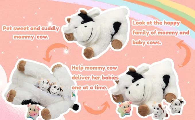 Hopearl LED Plush Cow Lighting Up Stuffed Mommy With 3 Baby Dairy Cows in Her Tummy - Floppy Animal Playset Night Lights Glow in The Dark for Mom Toddlers, 15''