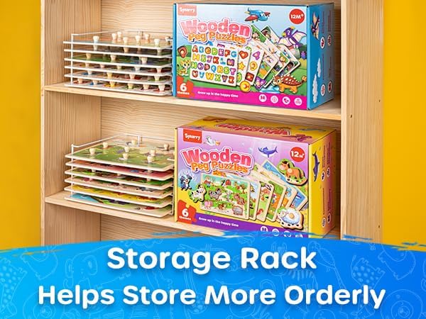 SYNARRY Wooden Puzzles for Toddlers 1-3, 6XSET Puzzles for Toddlers 2-4 with Rack, Learning Alphabet Number Shape Animal Dinosaur Vehicle, Education Toddler Puzzles Toys Gifts for 2 3 Years Boys Girls