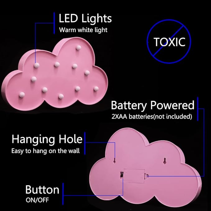 LED Cloud Marquee Signs, Light Up Cloud Decorative Signs Hanging Hole Nursery Room Night Light for Baby Shower, Party Supply, Christmas Decor-Pink