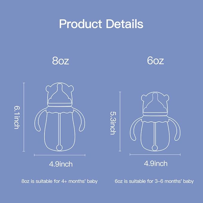 POTATO Glass Baby Bottles, Anti-Colic Breastfeeding Bottles with Medium Flow Nipple, Suitable for Babies 3-6 Months, 2 Replaceable Nipples, 6 oz, Blue