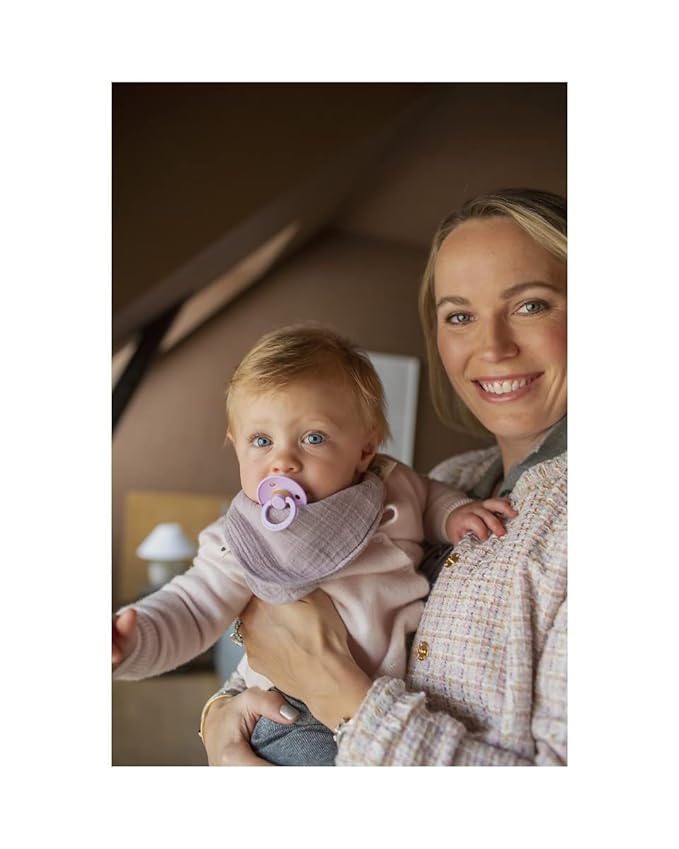 BIBS Pacifiers Colour Collection | Natural Rubber Baby Pacifier | Set of 2 BPA-Free Soothers | Made in Denmark | 0+ Months (Pack of 2) | Blossom/Dusky Lilac