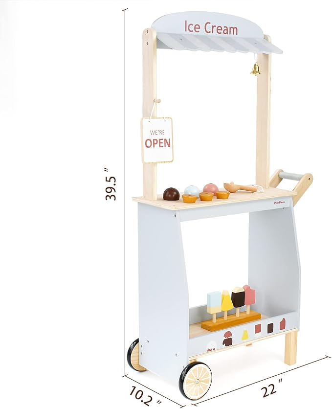 PairPear Wooden Ice Cream Cart for Kids – Toddler Pretend Play Grocery Store Ice Cream Truck Playset Kids Dessert Truck Play Food Kitchen Toys Gift for Boys and Girls 3 Years and up
