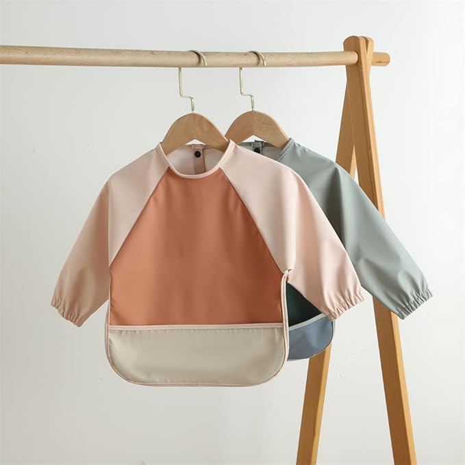 GZMM Waterproof Baby Bibs,Infant Toddler Long Sleeve Feeding Bib With Food Catcher,Wipe Clean & Washable