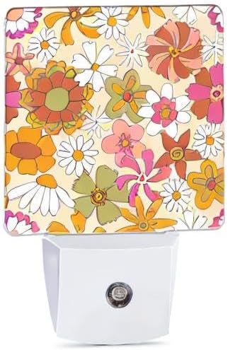 Vintage Boho Floral Night Light Plug in Wall Lamp Smart Dusk to Dawn Sensor for Home Decorative, Kids Room Bedroom Bathroom Kitchen Hallway Gifts