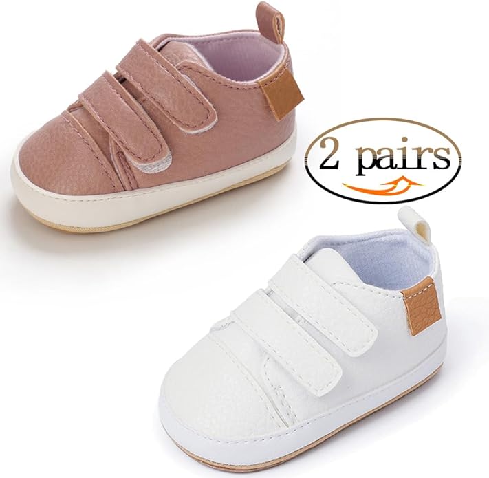 2Pairs Baby Shoes,Boys Girls Non-Slip Rubber Sole Sneakers,Unisex Infant Soft Lightweight First Walking Crib Shoes
