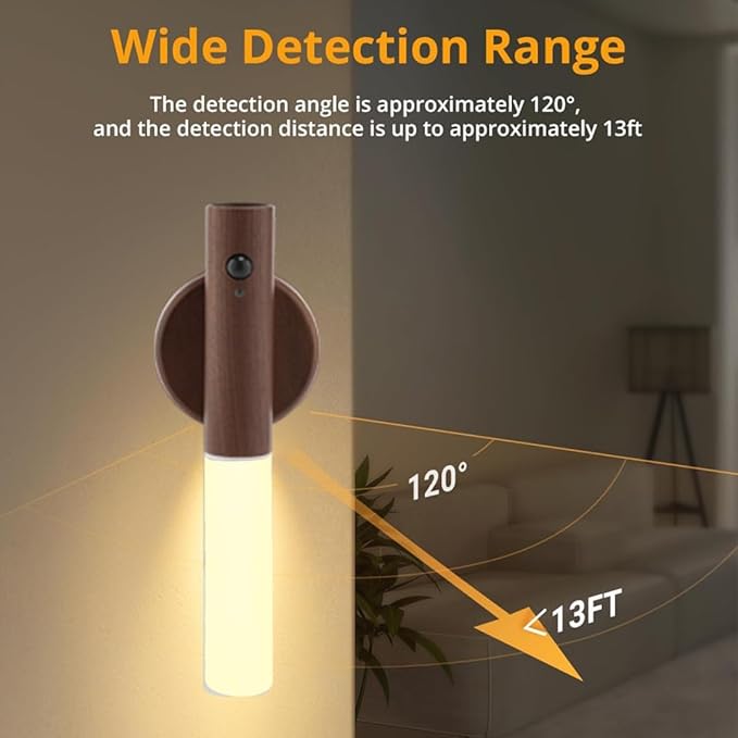 LANDGOO Wooden Nursery Night Light, LED Motion Sensor Nursing Lamp, USB Rechargeable Magnetic 360° Rotation Bedside Lighting for Bedroom Bathroom, Walnut Wood