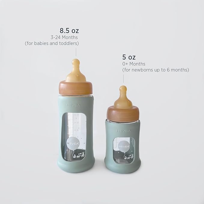 HEVEA Plastic-Free Wide Neck Glass Baby Bottle with Seafoam Blue Sleeve - Slow Flow Anti Colic Baby Bottles Newborn 0+ Months - BPA-Free, Single-Pack (5 Oz)