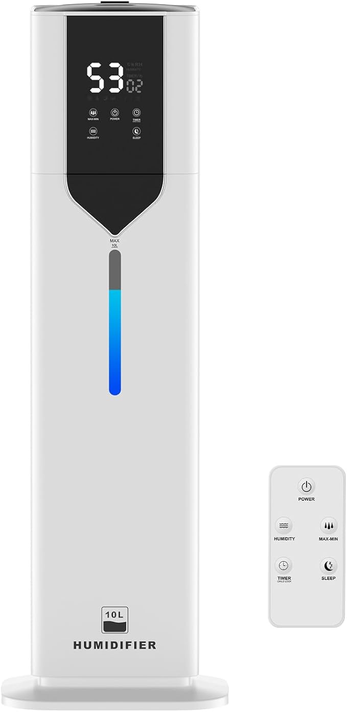 10L/2.6Gal Smart Humidifiers for Bedroom Large Room up to 600ft², 100H Runtime Cool Mist Top Fill, Ultra Quiet 30dB, Auto Control, Essential Oil Tray, Perfect for Bedroom, Office, Baby, White