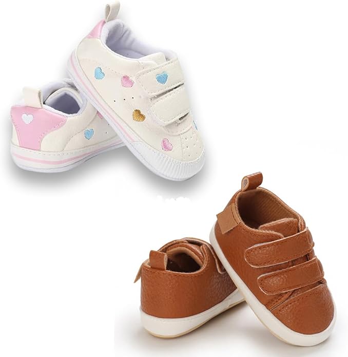 2Pairs Baby Shoes,Boys Girls Non-Slip Rubber Sole Sneakers,Unisex Infant Soft Lightweight First Walking Crib Shoes