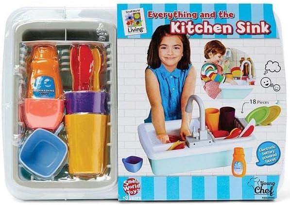 Small World Toys Play Sink with Running Water, Kids Play Kitchen Sink Toys for Kids Age 3+, Automatic Faucets with Realistic Dishes, Toddler Sink Pretend Play Set Gifts for Girls and Boys