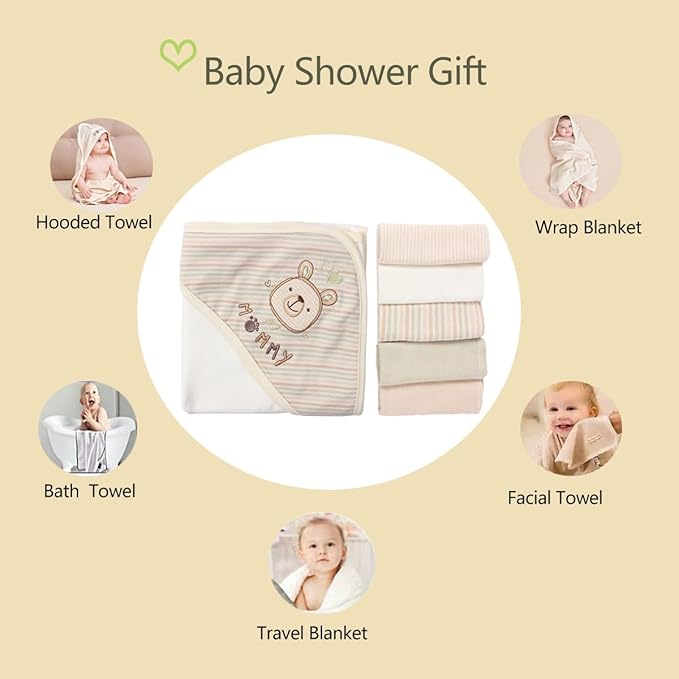 6-Pack Baby Hooded Towel and Washcloths Set, Premium Ultra Soft Reusable 100% Organic Cotton Baby Bath Towel, Baby Blanket for Newborns, Infants, Toddlers, Stripes Bear, 37.5 x 37.5 Inch