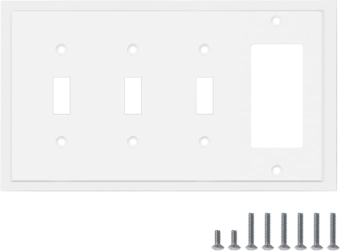 Henne Bery Modern Edge Decorative Wall Plate Switch Plate Outlet Cover, Durable Solid Zinc Alloy (Triple Toggle/Single Decorator, White)