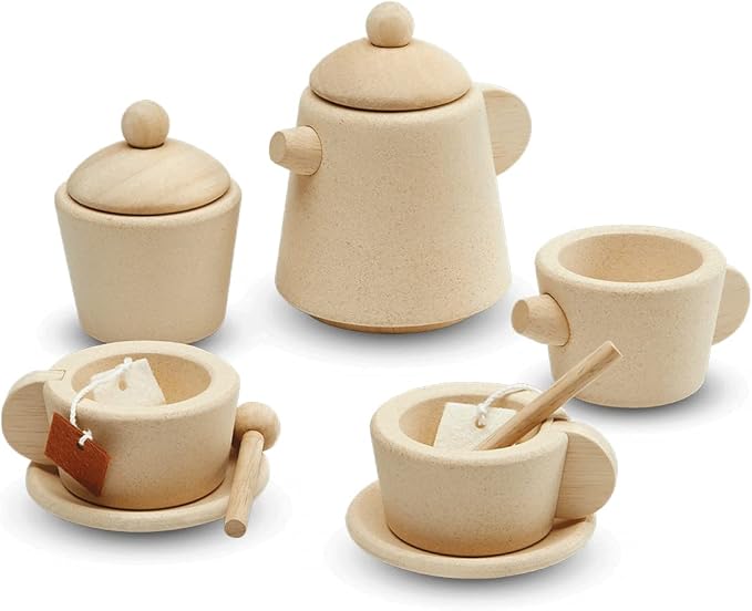 PlanToys Play Kitchen Tea Set Pretend Play Toys - Non-Toxic Wooden Tea Set for Kids and Toddlers