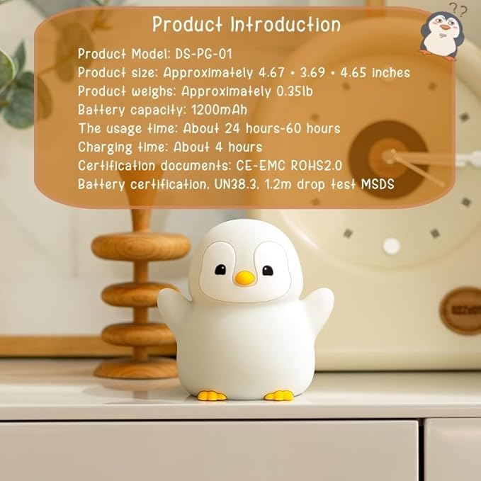Cute Penguin Night Light, LED Squishy Xmas Penguin Lamp, Food Grade Silicone Dimmable Nightlight, Kids Gray Penguins Light, Rechargeable Light Up Penguins Gifts, Kids Room College Decor