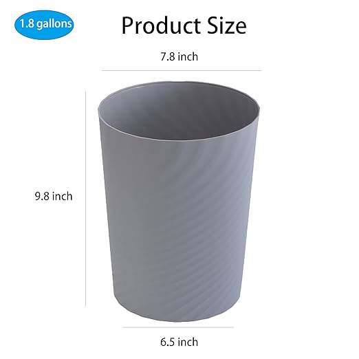 UUJOLY Plastic Small Trash Can Wastebasket, Garbage Container Basket for Bathrooms, Laundry Room, Kitchens, Offices, Kids Rooms, Dorms, 1.8 Gallon, Grey, 3 Pack