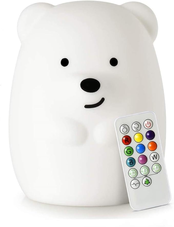 Large Bear Night Light for Kids, Silicone nightlights Bedside Table Lamps Baby Bedroom Lighting Nursery Children's Bed Lights - Eye Caring, Adjustable Brightness & Color, Time Setting - Large