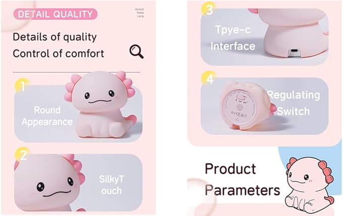 Cute Cartoon Nursery Night Lights, Animal Design Safe Silicone Soft LED Nursery Lamp for Toddler Room Decoration (Axolotl)