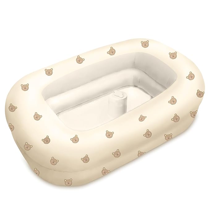 Inflatable Baby Bathtub with Built-in Air Pump, Back Support, Portable Travel Baby Bath Tub, Deflates and Folds Easily, Newborn to Toddler 3-20 Months (Cute Bear)