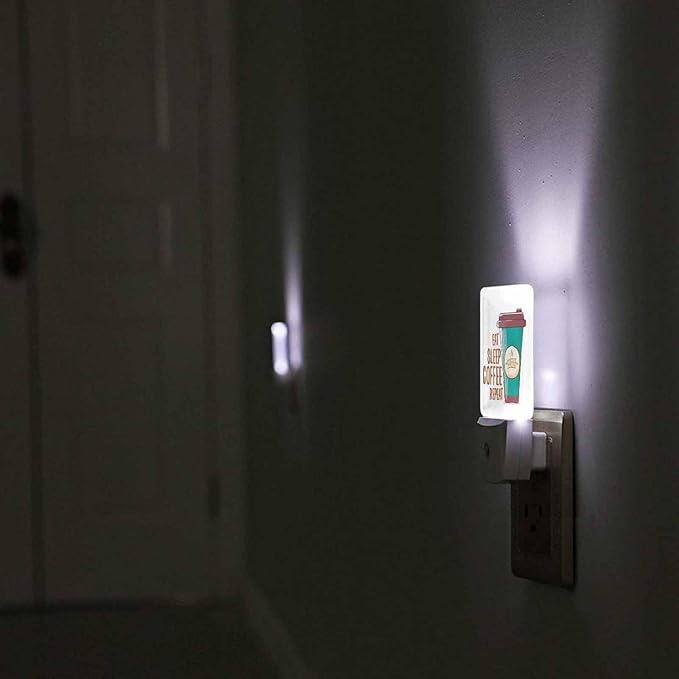 LED Night Light,Eat Sleep Funky Coffee LED Night Light Plug into Wall with Dusk to Dawn Light Sensor White Energy Efficient Nightlight for Bedroom Bathroom Hallway Living Room Kitchen