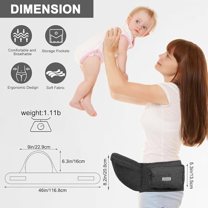 Baby Hip Carrier, Baby Carrier with Adjustable Waistband & Breathable Mesh, Ergonomic Carrier with Non-Slip Hip Seat Surface for Newborns & Toddlers, Dark Grey