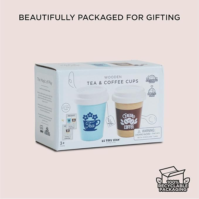 Le Toy Van - Honeybake - Take Away Coffee Cup and Tea Cup - Travel Mug Set - Kids Kitchen Accessories - Role Play Wooden Play Food - Toy Kitchen Accessories - Wooden Kitchen Toys - Age 2+ Years