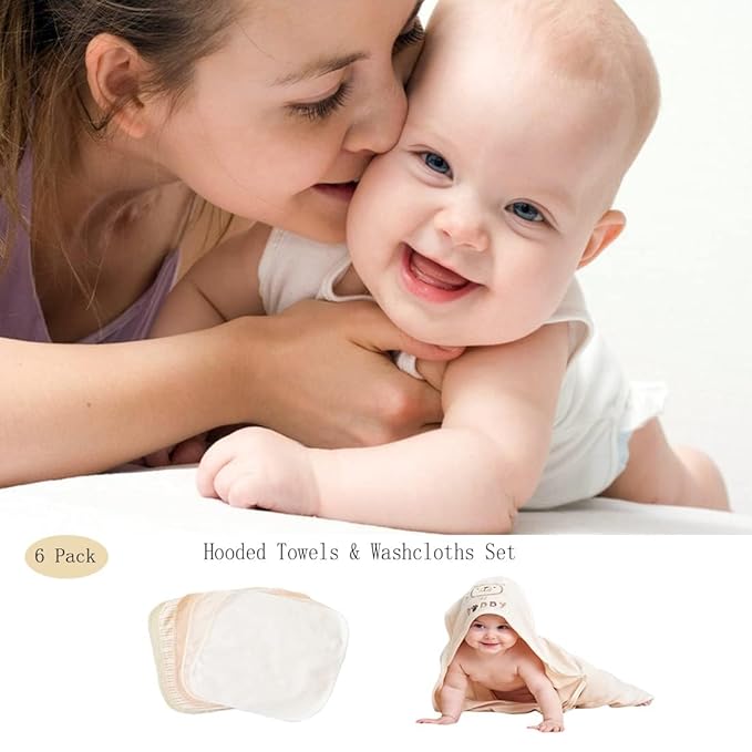 6-Pack Baby Hooded Towel and 5 Washcloths Set, Premium Ultra Soft Reusable 100% Organic Cotton Baby BathTowel, Baby Blanket for Newborns, Infants, Toddlers, Stripes, 30 x 30 Inch