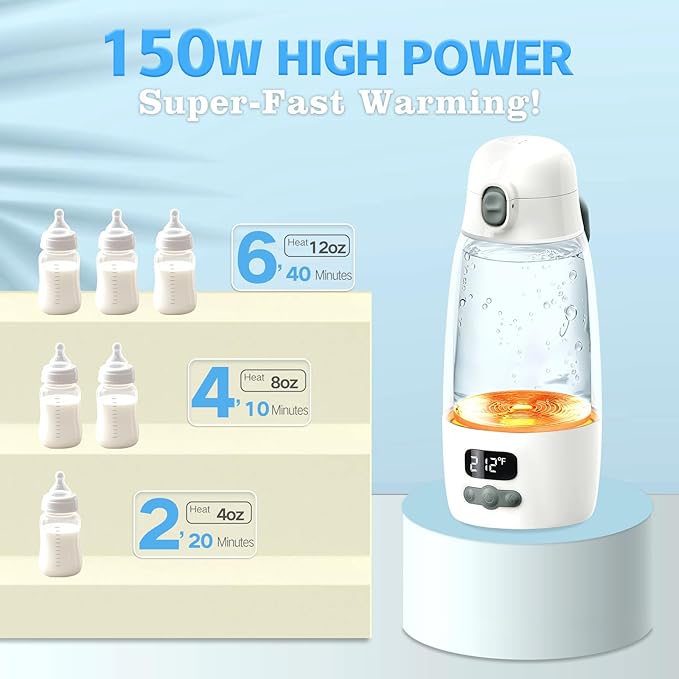 Portable Bottle Warmer for Travel,150W Fast Heating and Charging 17.5oz Large Capacity& Extended Battery Life,Bottle Warmer On The Go for Baby Essentials