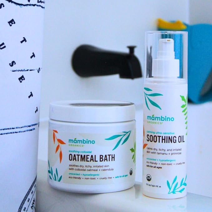 Mambino Organics Calming Skin Set, Oatmeal Bath Soak Powder & Soothing Body Oil, Fragrance-Free with Jojoba & Evening Primrose, Gentle for Babies & Adults, Ultra-Sensitive Skin, Vegan, 11 oz