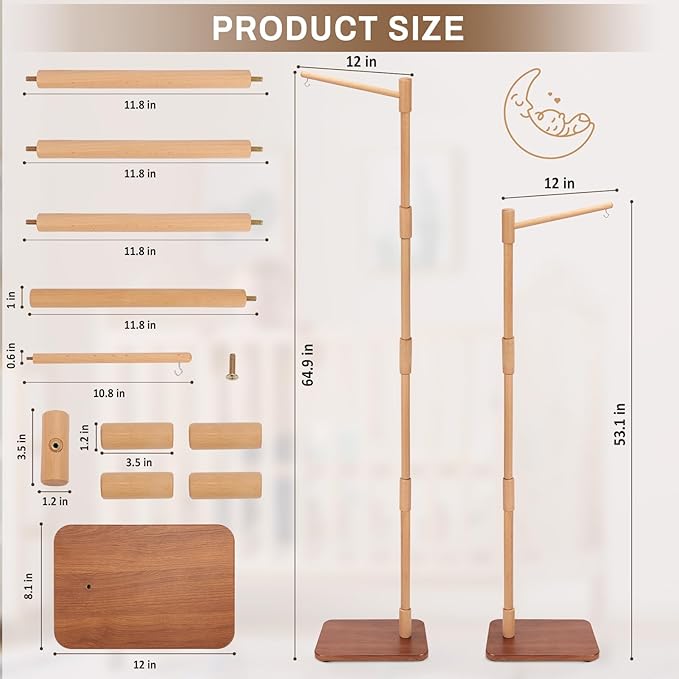 Floor-Standing Crib Mobile Arm - 65 Inch Mobile Arm for Crib - Mobile Stand for Crib - 100% Beech Wood - Movable Baby Mobile Hanger with Strong Anti-Dumping Attachment - Easy Assembly - Nursery Decor