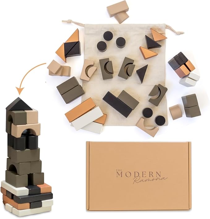 Educational Stacking Blocks for Toddlers 1–3 – 46-Piece Wooden Building Block Set | Montessori-Inspired Learning Toy with Storage Bag | Safe, Non-Toxic, Earth-Tone Colors