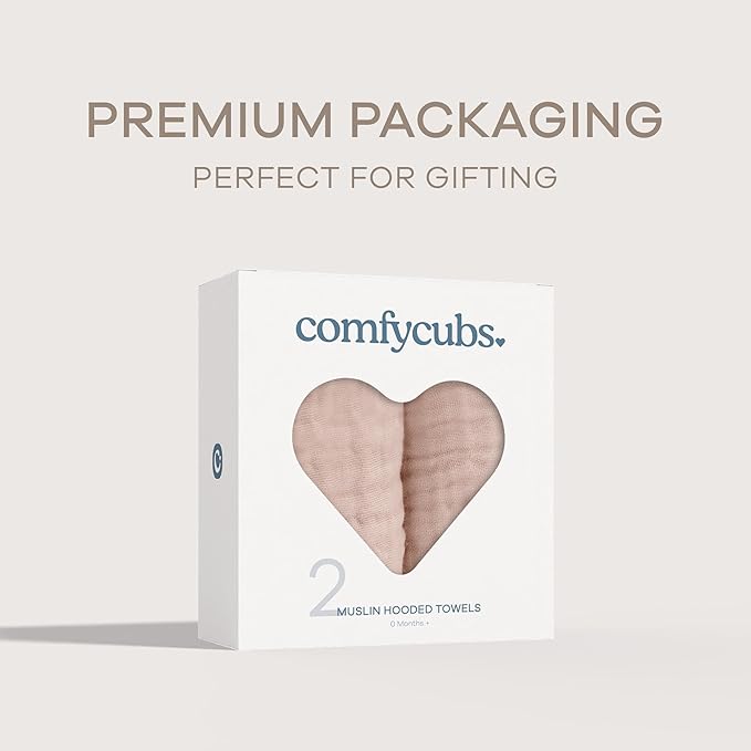 Comfy Cubs Hooded Baby Towel 2-Pack, Large 32 x 32 Inch - 6 Layer 100% Muslin Cotton for Babies, Toddlers and Kids - Soft & Absorbent Baby Bath Towels - Unisex Design for Bath Time - Blush