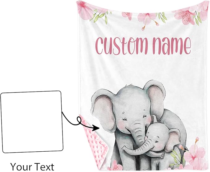 Custom Name Baby Blanket for Girls, Personalized Flannel Blanket with Dotted Backing, Soft and Cozy Swaddle Blanket for Infants and Toddlers, Elephant Love Theme