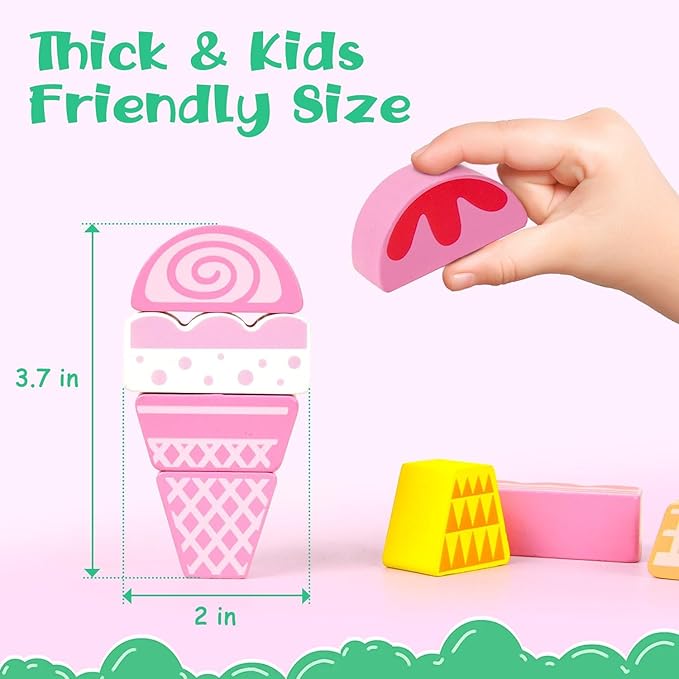 Vileafy Wooden Ice Cream Toy for 3 Year Old Birthday Gift– 116PCS Montessori Building Blocks for Toddlers – Pink Pretend Play Set & Stacking Toys for Girls Quiet Time & Family Play