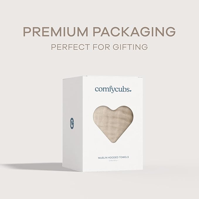 Comfy Cubs Hooded Baby Towel 1-Pack, Large 32 x 32 Inch - 6 Layer 100% Muslin Cotton for Babies, Toddlers and Kids - Soft & Absorbent Baby Bath Towels - Unisex Design for Bath Time - Sand