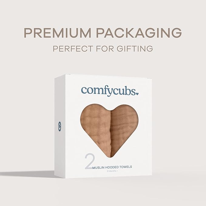 Comfy Cubs Hooded Baby Towel 2-Pack, Large 32 x 32 Inch - 6 Layer 100% Muslin Cotton for Babies, Toddlers and Kids - Soft & Absorbent Baby Bath Towels - Unisex Design for Bath Time - Caramel