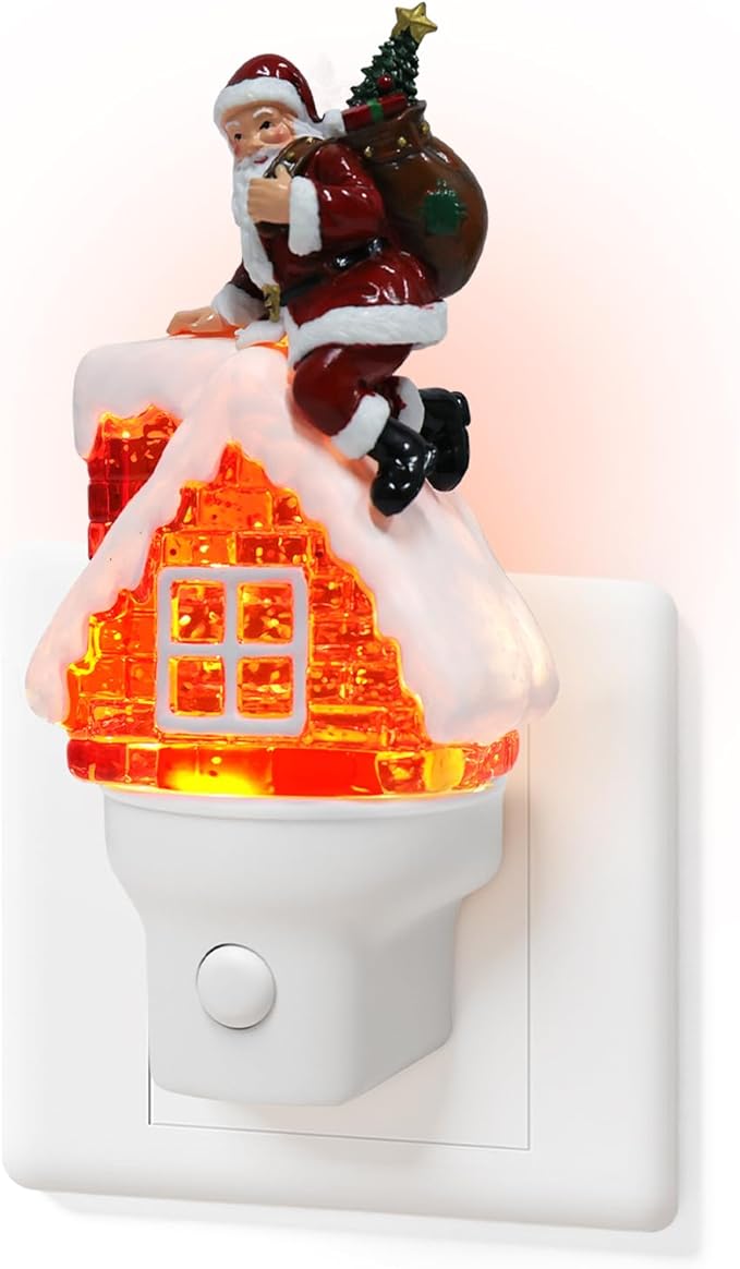 Christmas Santa Night Light Plug into Wall Glitter Water Nightlight with USB/Outlet Options, Christmas Decorative Nightlight for Bedroom Kitchen Nursery Hallway Holiday Decorations Gifts (Santa)