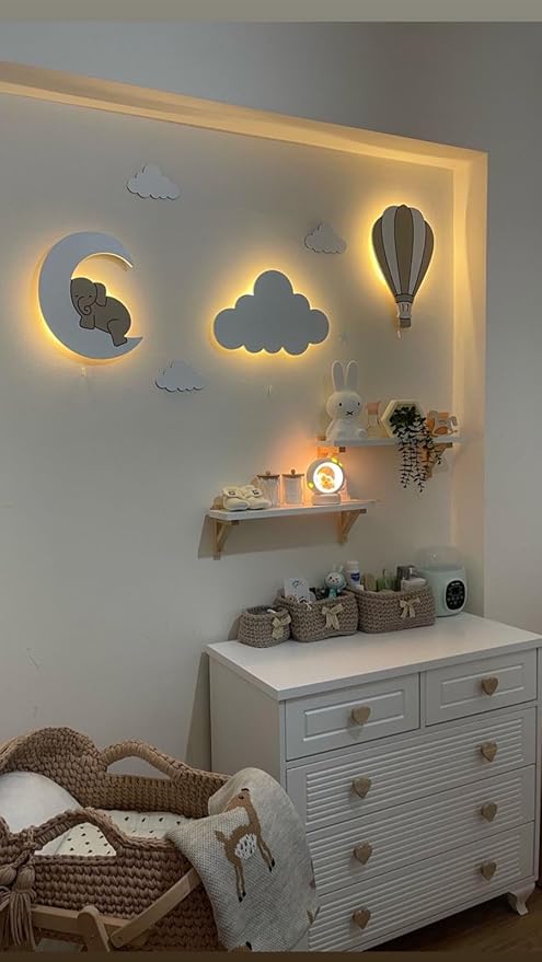 BugyBagy Nursery Wall Lamp Set β 3 Hand Painted Night Lights for Baby Room (Hot Air Balloon, Cloud, Elephant on Moon) + Bonus Wall Stickers β Soft Linen Colors (Beige Theme)