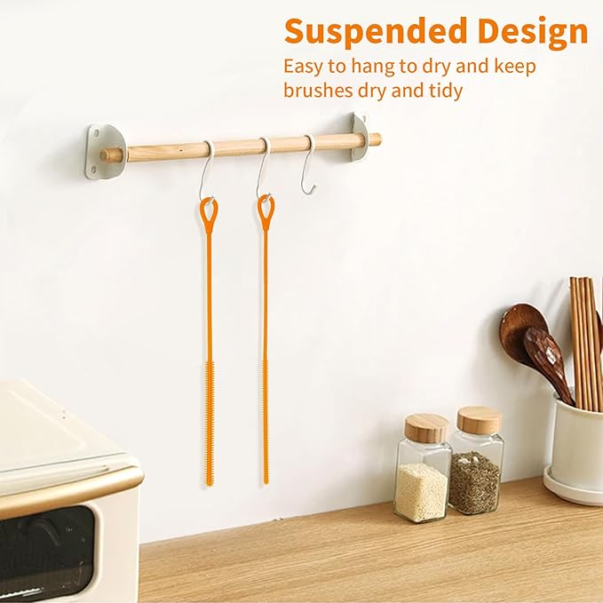2Pcs Silicone Straw Cleaner Brush, 9.84in Reusable Straw Cleaner with Bendable Steel Core, Extra Long Soft Bottle Brush for Clearing Glass Straws, Smoothie Straws, 9mm&6mm (Orange)