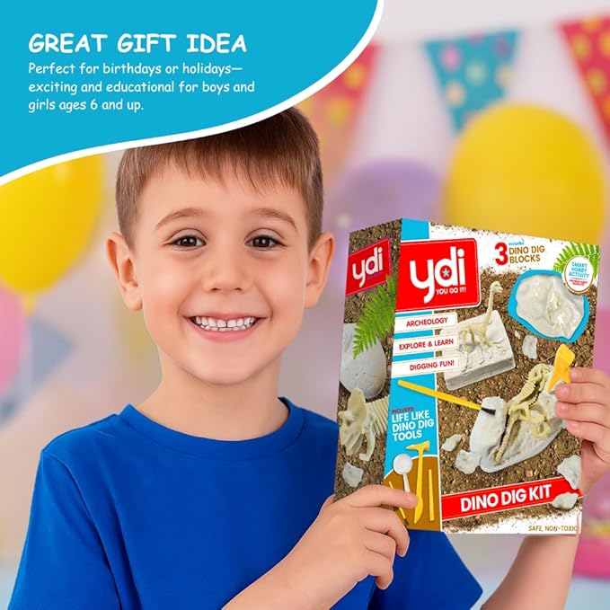 Dinosaur Fossil Digging Kit for Kids, Excavation Science Toy with Tools & 3 Dinosaur Skeletons (T-Rex, Triceratops, Brachiosaurus), Fun Educational Gift for Boys & Girls, Ages 6+