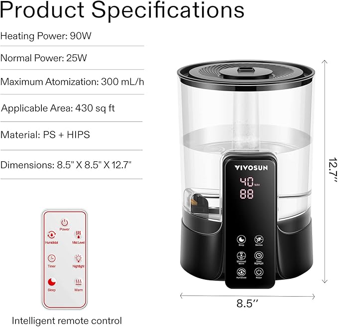 VIVOSUN 6L 2-in-1 Cool & Warm Mist Ultrasonic Humidifier with Essential Oil Box & Remote Control for Bedrooms, Offices, Plants, Dryness, and Skincare