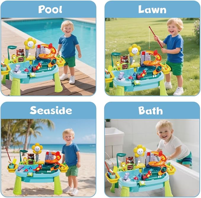 Sensory Water Table for Toddlers 1-3, Play Sink with Running Water Toys for Kids Ages 4-8, Kitchen Sink with Play Food Vegetables, Dishes, Fishing Game, Outdoor Sand Summer Toys for Boys Girls